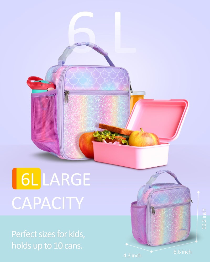 Bagseri Kids Lunch Box Insulated - Lunch Box Bag for Girls, Portable Reusable Toddler Lunch Cooler Bag for School, Water-resistant Lining (Purple, Glitter Mermaid Scale) - Image 2